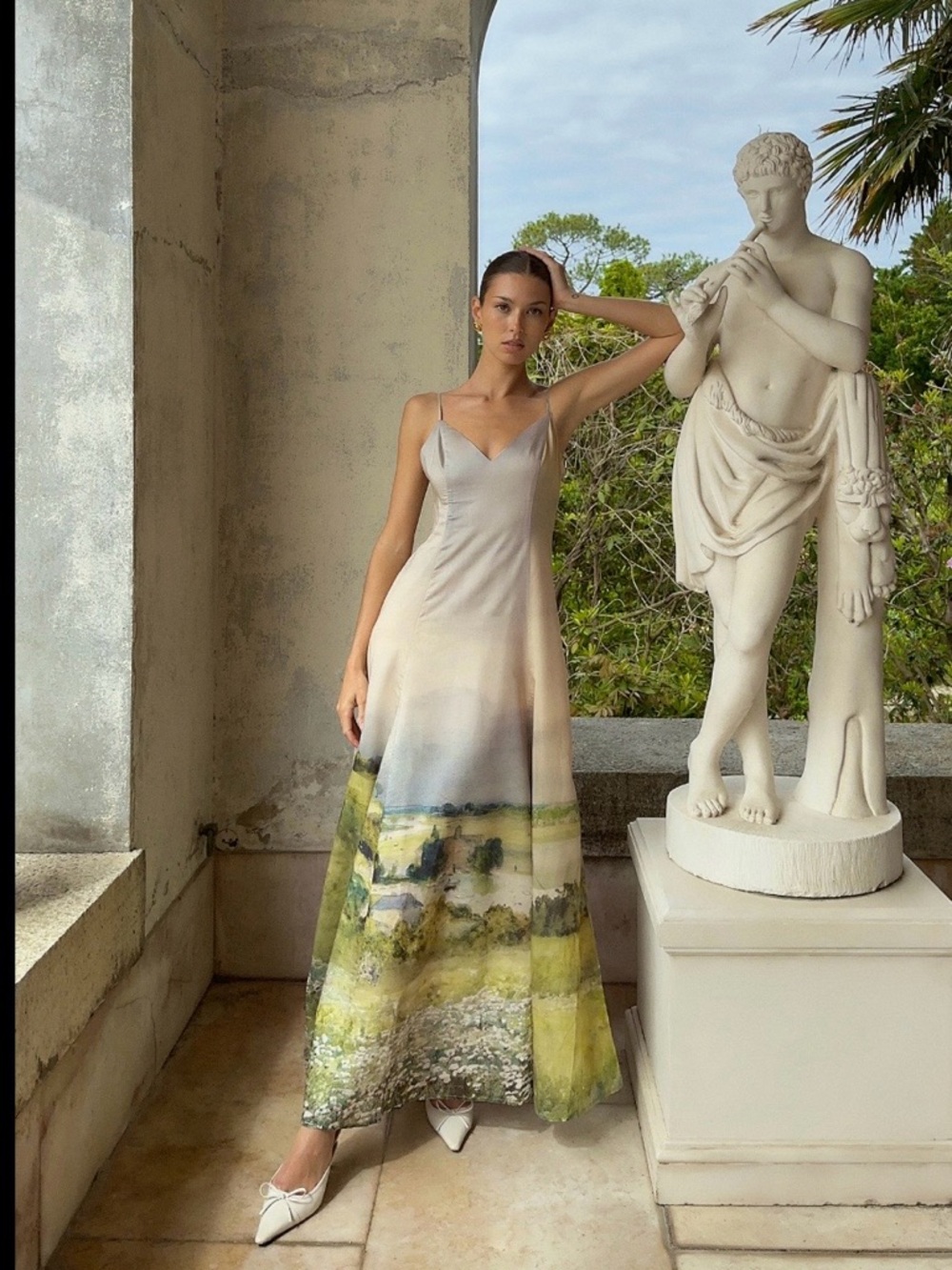 NA-KD Silk Slip Maxi Dress in Soft Beige and Landscape Print